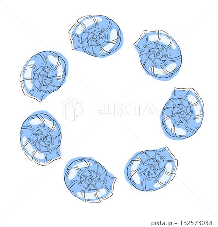 Seashell nautilus wreath in flat style. Undersea, underwater design for sea food shop, restaurant and package isolated on a white background. 132573038
