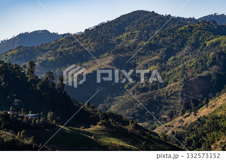 Mountain Serenity, Gentle sunlight paints mountain slopes covered in lush green forest. A tranquil view of untouched nature at Chiang Rai Province, Thailand. Mountain Serenity, Gentle sunlight paints mountain slopes covered in lush green forest. A tranquil view of untouched nature at Chiang Rai Province, Thailand. 132573152