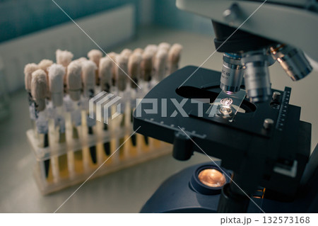 Close view of a microscope inspecting a specimen slide with cotton plugged culture tubes, symbolizing microbiology diagnostics and research Close view of a microscope inspecting a specimen slide with cotton plugged culture tubes, symbolizing microbiology diagnostics and research 132573168