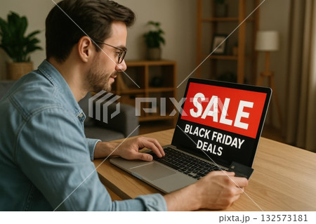 Man shopping online during Black Friday sale at home with laptop and credit card in hand 132573181