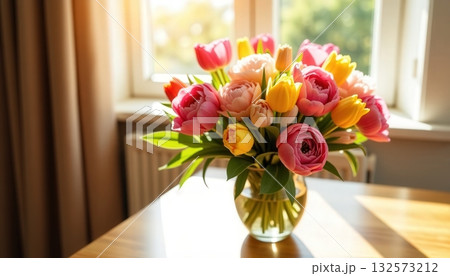 Colorful bouquet of tulips and roses arranged in a glass vase on a wooden table in a sunlit room with plants 132573212