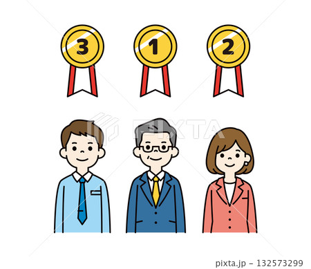 業績・評価ランクのメダルと、経営者と従業員の上半身ベクターイラスト素材セット_カラー 業績・評価ランクのメダルと、経営者と従業員の上半身ベクターイラスト素材セット_カラー 132573299