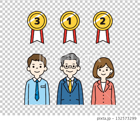 績效評估等級獎牌和上半身向量插圖集,包含經理和員工的彩色照片 績效評估等級獎牌和上半身向量插圖集,包含經理和員工的彩色照片 132573299