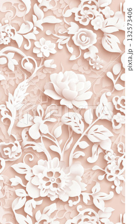 Floral pattern with white flowers and lace on peach background 132573406