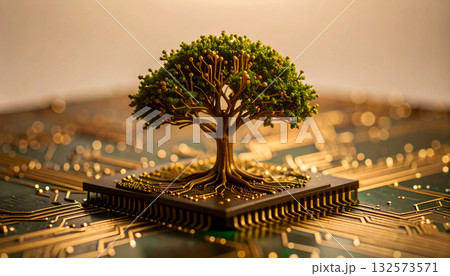 Circuit Tree Growing on AI Microchip Platform. AI themed Background. Generated Image Circuit Tree Growing on AI Microchip Platform. AI themed Background. Generated Image 132573571