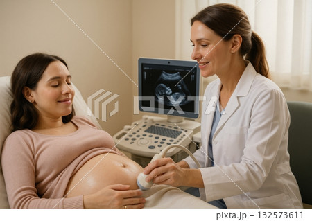 Expecting mother receives ultrasound examination in a cozy clinic setting by a smiling healthcare professional to check baby's development and health 132573611