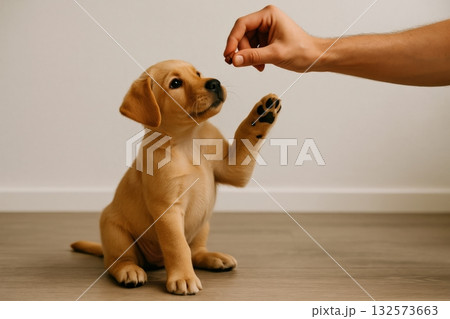 Young golden retriever puppy learns to sit and give paw for treats during a training session indoors 132573663