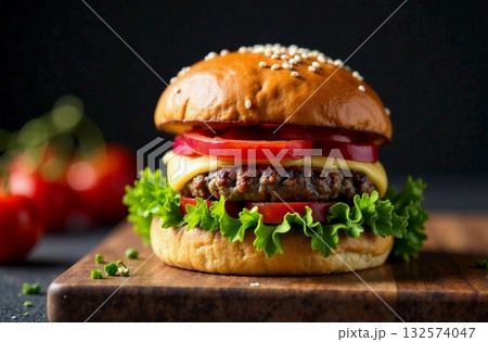 Juicy burger with fresh lettuce, ripe tomatoes, and melted cheese on a sesame seed bun on a wooden board in a dark setting. Generative AI 132574047
