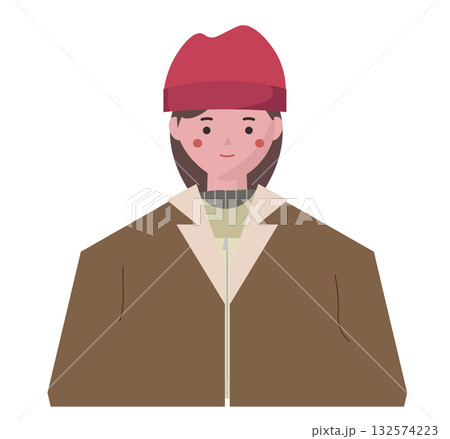 笑顔の冬服を着た女性。ダッフルコートを羽織る女性。温かい服。ベクターイラスト 笑顔の冬服を着た女性。ダッフルコートを羽織る女性。温かい服。ベクターイラスト 132574223