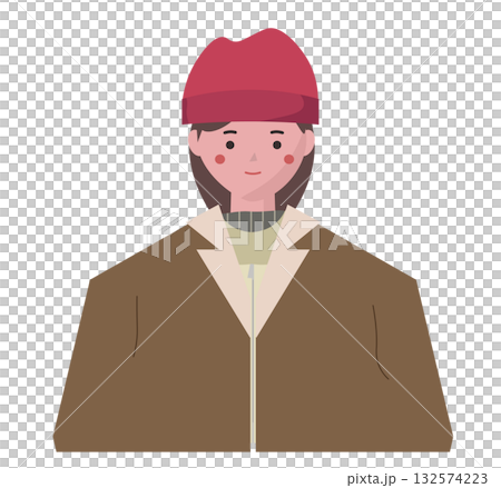 笑顔の冬服を着た女性。ダッフルコートを羽織る女性。温かい服。ベクターイラスト 笑顔の冬服を着た女性。ダッフルコートを羽織る女性。温かい服。ベクターイラスト 132574223