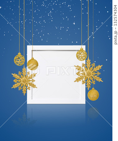 Christmas tree baubles gold color and white frame on white background. Festive winter holiday background. Design with copy space for greeting card, text, advertising, banner, invitation Christmas tree baubles gold color and white frame on white background. Festive winter holiday background. Design with copy space for greeting card, text, advertising, banner, invitation 132574304