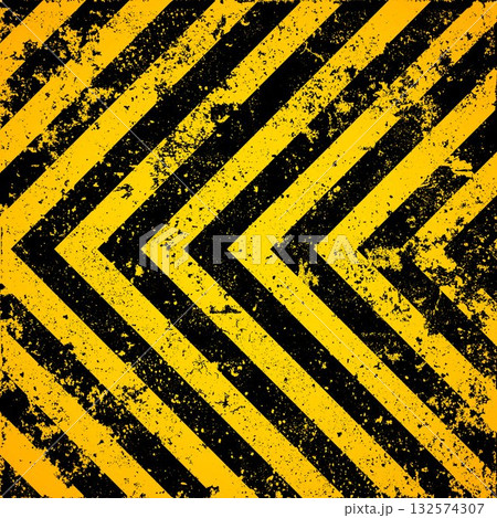 Warning sign with yellow and black diagonal lines. Attention, danger or caution symbol. Construction site signage, road safety notice, hazard banner, security alert shield. Vector illustration 132574307