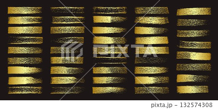Golden brush strokes, lines, ink smudges, hand-drawn scribble shapes. Handmade sketchy marks, acrylic stains, charcoal streaks. Paint textures, dry brush effect. Marker underline. Vector illustration 132574308