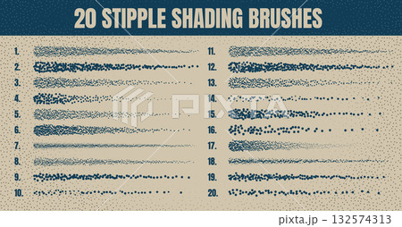 Ink scatter brush, stipple drawing and texturing. Fading gradient. Stippling, dotwork drawing, shading using dots. Halftone disintegration effect. White noise grainy texture. Vector illustration 132574313