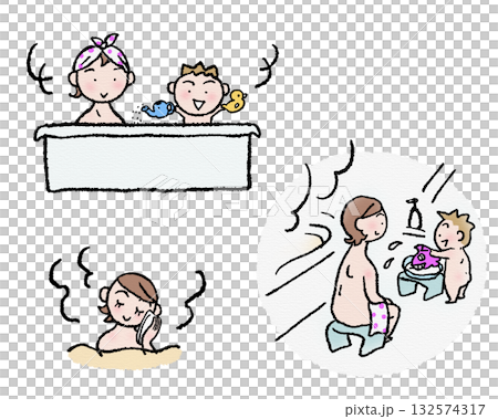 母親と幼児の入浴シーン 132574317