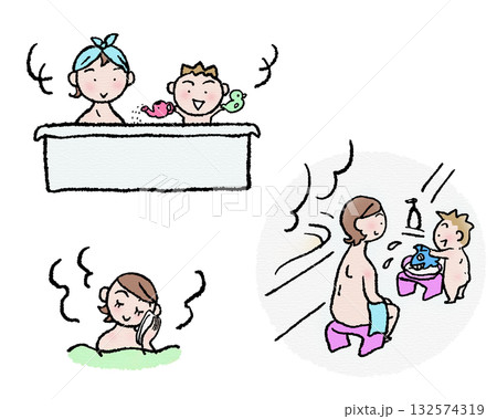 母親と幼児の入浴シーン 132574319