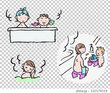 母親と幼児の入浴シーン 132574319