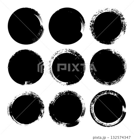 Grunge circles, brush strokes, lines, ink smudges, hand-drawn scribble shapes. Handmade sketchy marks, acrylic stains, charcoal streaks. Paint textures, dry brush effect. Vector illustration 132574347