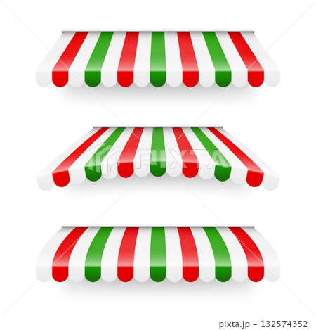 Shop sunshade. Realistic striped cafe awning. Outdoor market tent. Roof canopy in Italian flag colors. Summer street store. Vector illustration Shop sunshade. Realistic striped cafe awning. Outdoor market tent. Roof canopy in Italian flag colors. Summer street store. Vector illustration 132574352