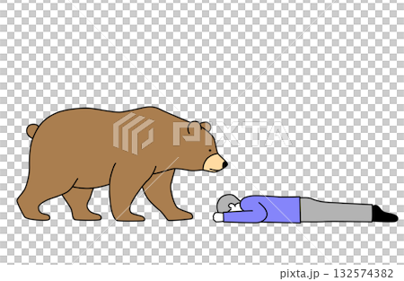 地面にうつ伏せになりクマから身を守る男性のシンプルな線画ベクターイラスト 地面にうつ伏せになりクマから身を守る男性のシンプルな線画ベクターイラスト 132574382
