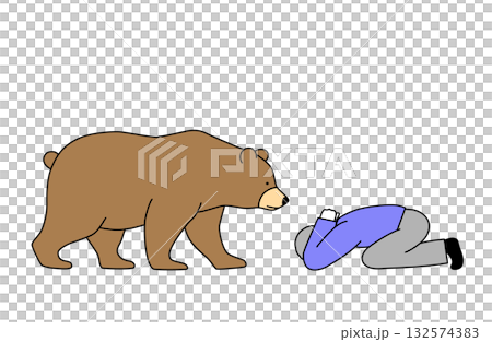 A simple line drawing vector illustration of a man crouching down to protect himself from an approaching bear A simple line drawing vector illustration of a man crouching down to protect himself from an approaching bear 132574383