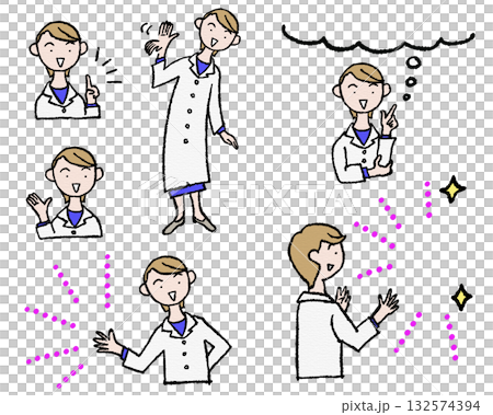 白衣の女性研究者が説明するイラスト 132574394