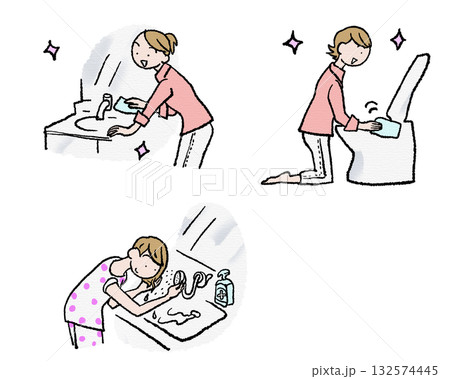 掃除と朝シャンする女性のイラスト 掃除と朝シャンする女性のイラスト 132574445