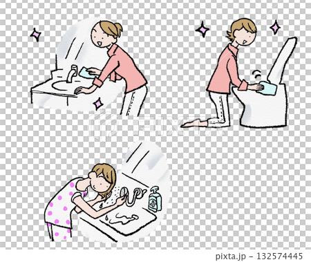 掃除と朝シャンする女性のイラスト 掃除と朝シャンする女性のイラスト 132574445