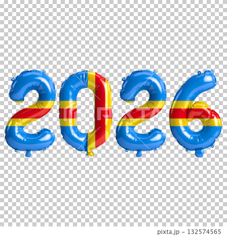Aland flag colors 2026 3d illustration, balloon numbers 3d rendering on tra.. 132574565