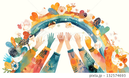 Colorful illustration of diverse hands reaching towards a vibrant rainbow adorned with flowers and leaves, symbolizing unity, hope, and positivity in a joyful atmosphere 132574693
