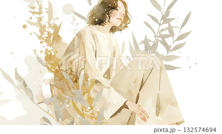 Watercolour illustration of a woman seated gracefully among delicate foliage, embodying tranquility and elegance in a serene, artistic composition with soft colors and gentle lines Watercolour illustration of a woman seated gracefully among delicate foliage, embodying tranquility and elegance in a serene, artistic composition with soft colors and gentle lines 132574694