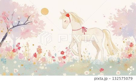 2026年賀状イラスト 花の木の下に佇む白馬 2026年賀状イラスト 花の木の下に佇む白馬 132575079