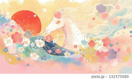 2026年賀状イラスト　日の出と花に包まれた白馬 132575080