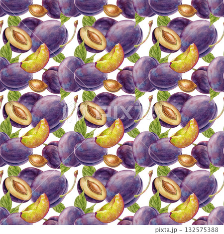 Watercolor seamless pattern with plums, hand-drawn. Botanical fruit template with whole plums, slices, pits and green leaves on a white background. For wallpaper, packaging, textiles, and tableware. 132575388