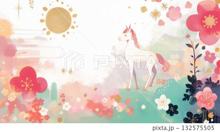 2026年賀状イラスト　金の太陽と花模様の幻想的な風景 132575505