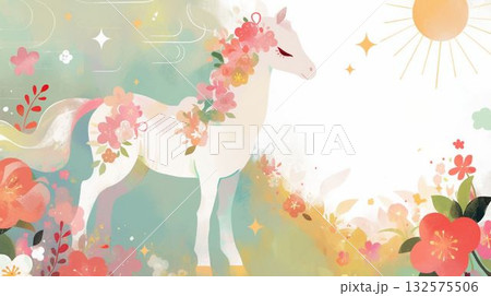 2026年賀状イラスト 花をまとった白馬と光の中の太陽 2026年賀状イラスト 花をまとった白馬と光の中の太陽 132575506