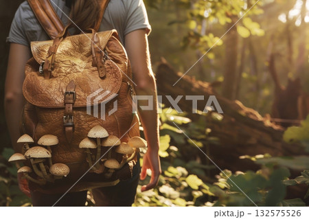 Wander through the enchanted forest with a vintage backpack adorned with wild mushrooms 132575526