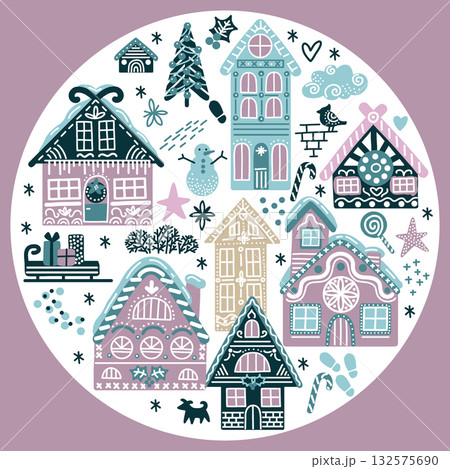 Round illustration cozy Christmas houses vector isolated set Round illustration cozy Christmas houses vector isolated set 132575690