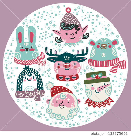 Cute Christmas animal characters round illustration vector set 132575691