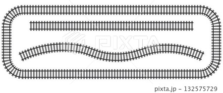 Set of railroad segments. Rail road elements top view. Train track straight and wavy lines, rectangular frame isolated on white background. Fence or ladder texture. Vector graphic illustration Set of railroad segments. Rail road elements top view. Train track straight and wavy lines, rectangular frame isolated on white background. Fence or ladder texture. Vector graphic illustration 132575729