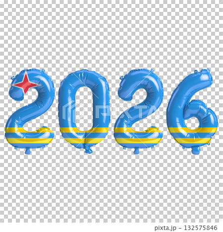 Aruba flag colors 2026 3d illustration, balloon numbers 3d rendering on tra.. Aruba flag colors 2026 3d illustration, balloon numbers 3d rendering on tra.. 132575846