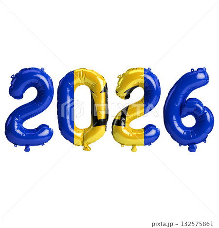 Barbados flag colors 2026 3d illustration, balloon numbers 3d rendering on .. 132575861