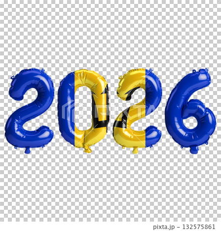Barbados flag colors 2026 3d illustration, balloon numbers 3d rendering on .. 132575861