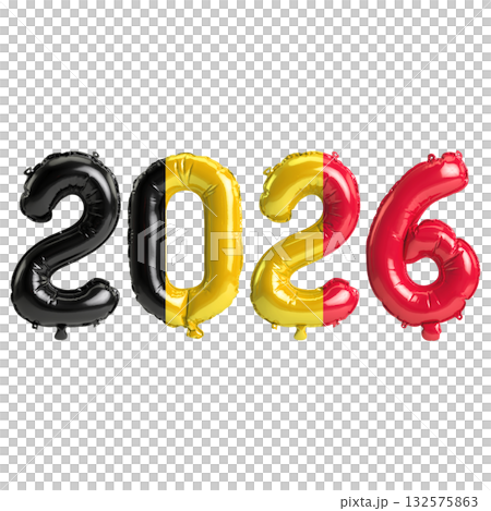 Belgium flag colors 2026 3d illustration, balloon numbers 3d rendering on t.. 132575863