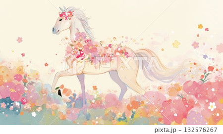 2026年賀状イラスト 花冠の白馬と柔らかな光 2026年賀状イラスト 花冠の白馬と柔らかな光 132576267
