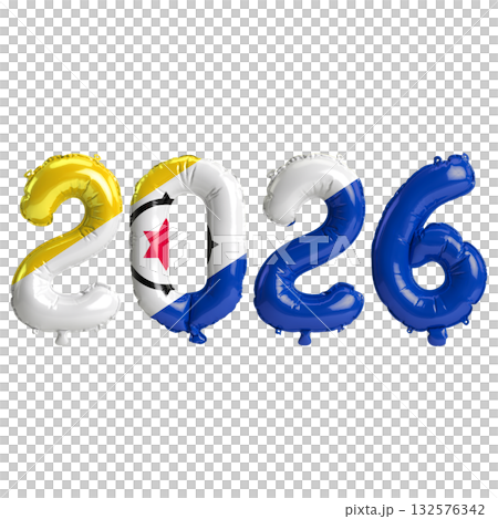Bonaire flag colors 2026 3d illustration, balloon numbers 3d rendering on t.. 132576342