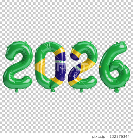 Brazil flag colors 2026 3d illustration, balloon numbers 3d rendering on tr.. 132576344
