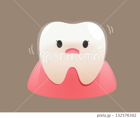 A cartoon of a wobbly and weak tooth in the gum. 132576382