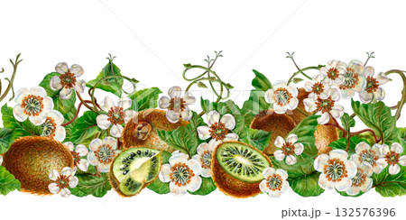 Horizontal seamless pattern of white blooming flowers, green leaves, kiwi fruit. Watercolor border on a white background for designs for drinks, tableware, ribbons, scrapbooking, food, textile Horizontal seamless pattern of white blooming flowers, green leaves, kiwi fruit. Watercolor border on a white background for designs for drinks, tableware, ribbons, scrapbooking, food, textile 132576396