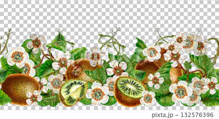 Horizontal seamless pattern of white blooming flowers, green leaves, kiwi fruit. Watercolor border on a white background for designs for drinks, tableware, ribbons, scrapbooking, food, textile Horizontal seamless pattern of white blooming flowers, green leaves, kiwi fruit. Watercolor border on a white background for designs for drinks, tableware, ribbons, scrapbooking, food, textile 132576396